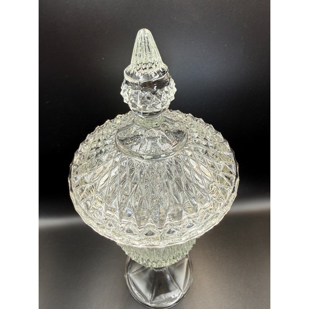 Vtg Indiana Glass 15.75 in Diamond Point Lidded Apothecary Jar Chalice Orig Box - Picture 3 of 8